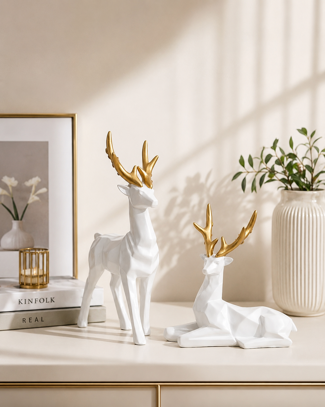 Royal Deer Pair – White & Gold 3D Printed Decor Set