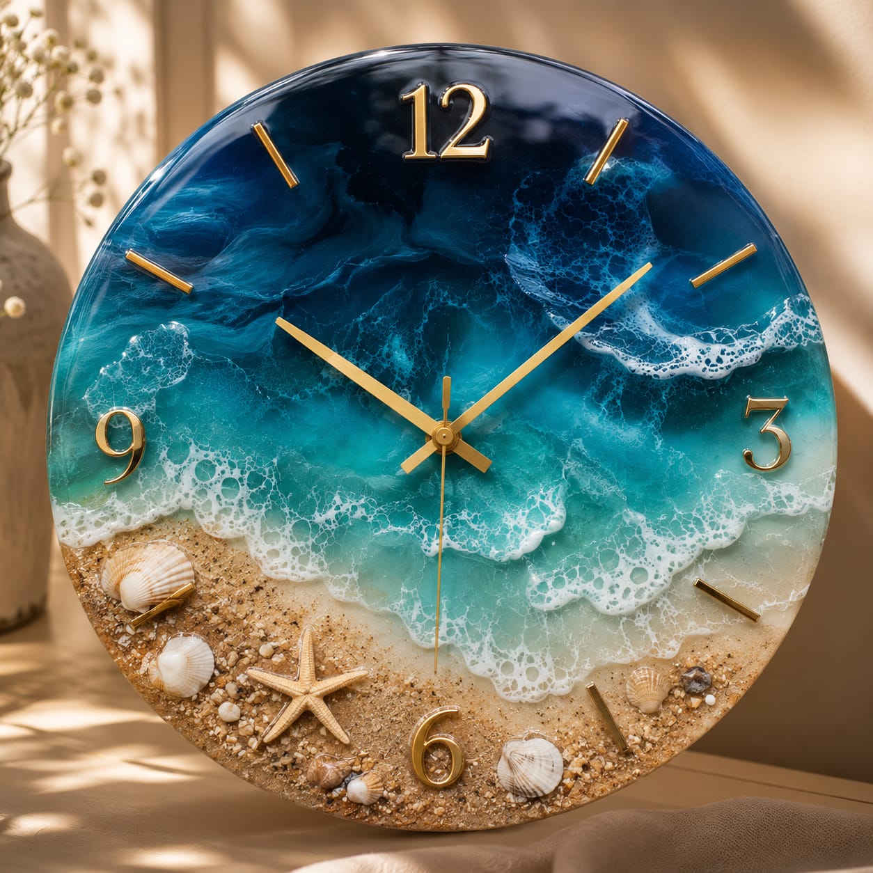 Azure Shore Luxury Resin Wall Clock | Handmade Beach Theme Clock | Silent Quartz
