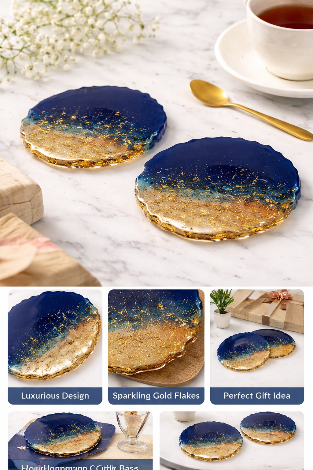 Luxury Ocean Blue Resin Coaster Set with Gold Flakes (Set of 2)